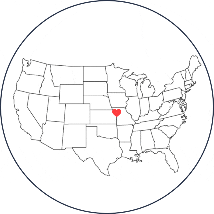United States map with animated heart over Lauren's Hope Headquarters in Kansas City, Missouri