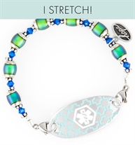 interchangeable bracelet made of mood beads in green, blue and purple attached to stainless steel ID tag with a white medical symbol