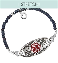Deep blue frost seed beads and crystals with sterling silver accents shown with filigree ID tag
