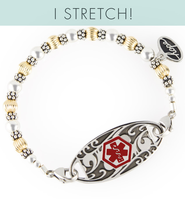 Gold and Silver Balis Stretch Medical ID Bracelet. Sterling silver balis, 14-karat gold- or silver-filled rounds, Hope charm shown with stainless ID tag