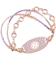 Lavender and rose gold beaded medical ID bracelet with three strands and rose gold medical ID tag