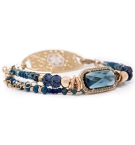 Cubic Zirconia, rose gold, blue quartz, crystal beads attached to rose gold ID tag